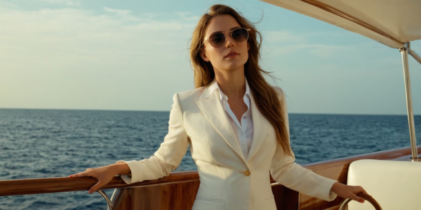 Женщина в белом костюме и солнечных очках стоит у перил яхты, уверенно глядя вдаль, а позади нее - океан.