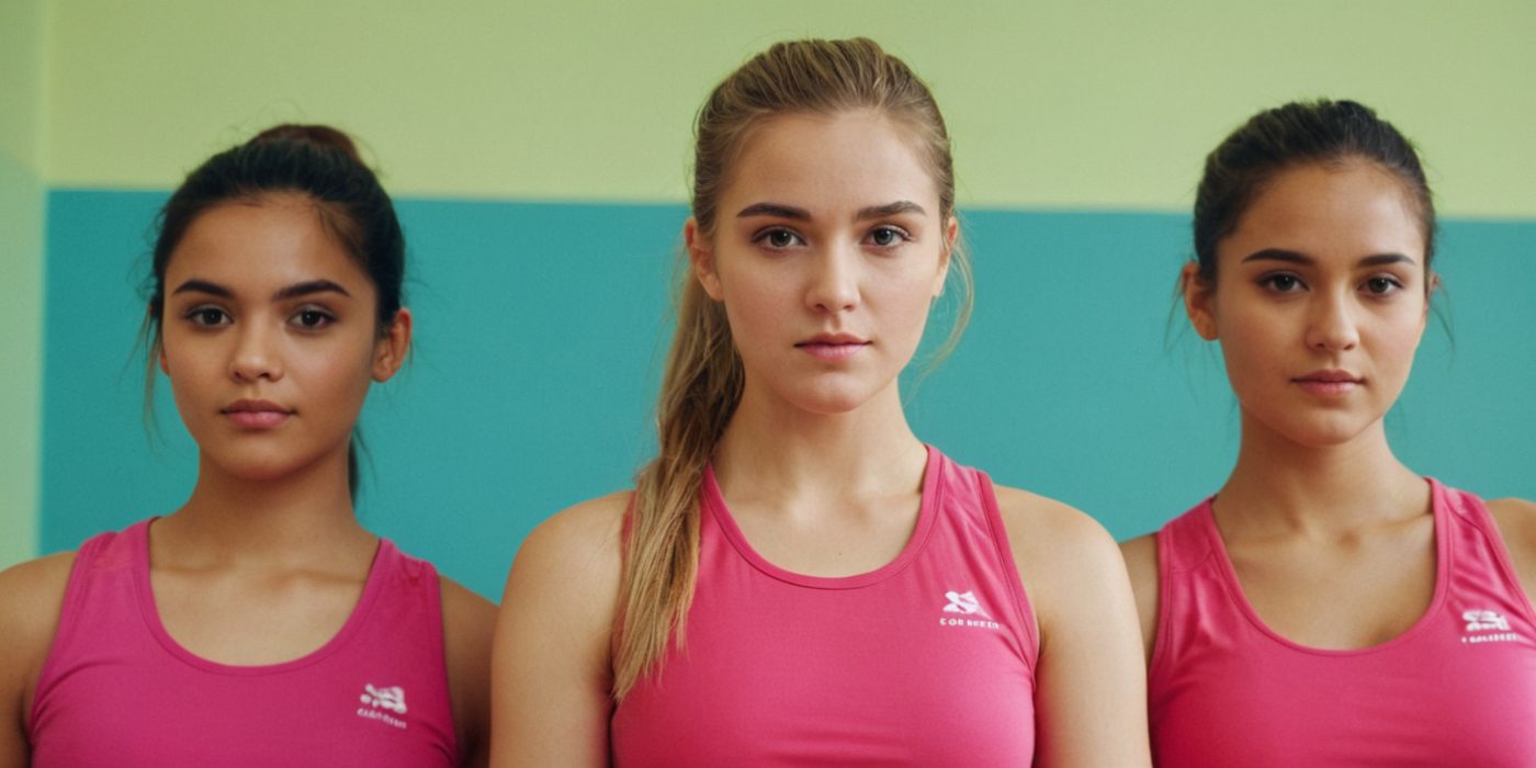 Три молодые женщины в розовой спортивной одежде стоят вместе в спортзале и с серьезными выражениями смотрят в камеру. Они выглядят сосредоточенными и решительными, олицетворяя азбуку для девочек.