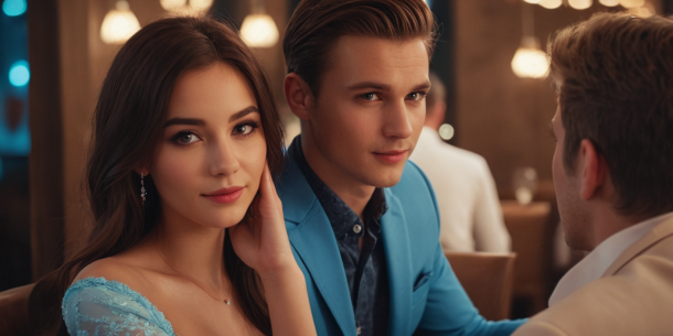 Элегантная молодая женщина в синем платье и молодой человек в синем пиджаке сидят за столиком в ресторане, оба смотрят на кого-то за кадром, возможно, встречая знакомства, в