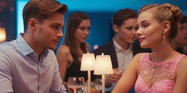 Молодой мужчина и женщина задушевно беседуют в ресторане, на заднем плане находятся другие люди. Сцена освещена мягким светом лампы, что усиливает романтическую атмосферу и атмосферу сопровождения.