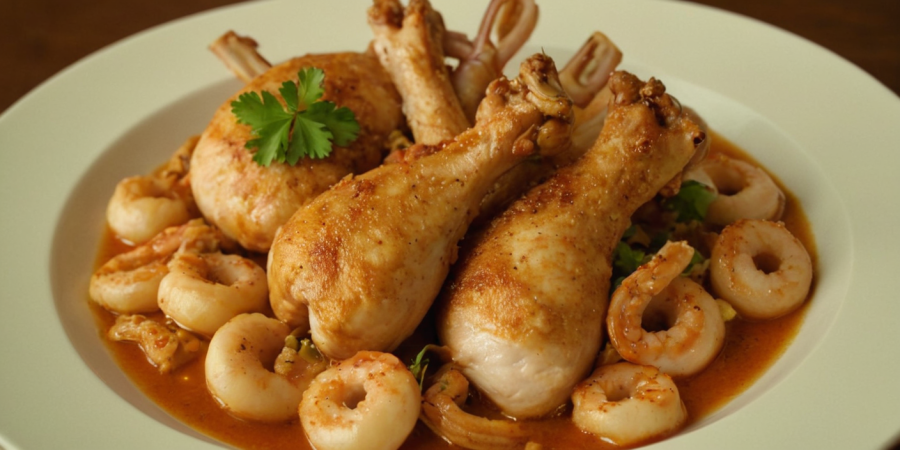 Блюдо, состоящее из трех жареных куриных голеней и нескольких приготовленных креветок в пикантном соусе, украшенное веточкой петрушки, подается на белой тарелке, известное своим афродисом.