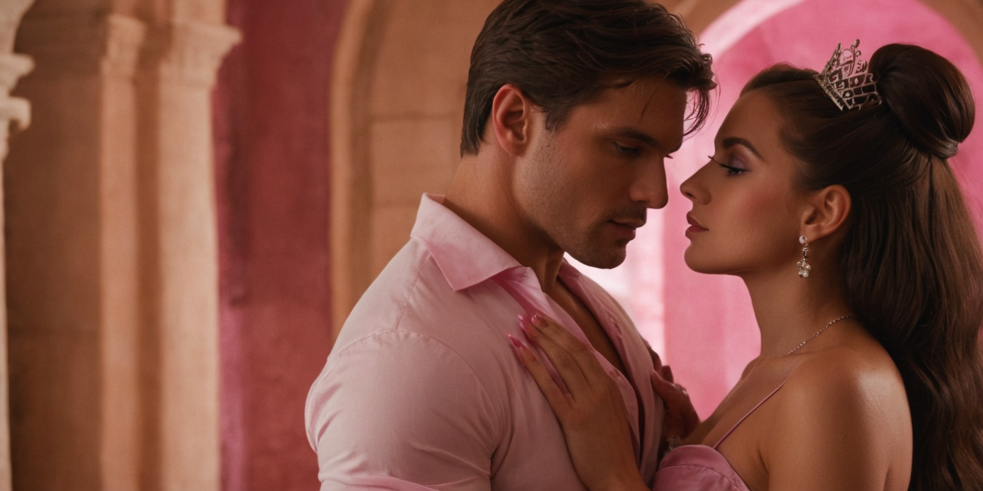 Романтическая сцена, в которой мужчина и женщина разделяют интимный момент. Мужчина в розовой рубашке пристально смотрит в глаза женщине в розовом платье и тиаре, изображенной как