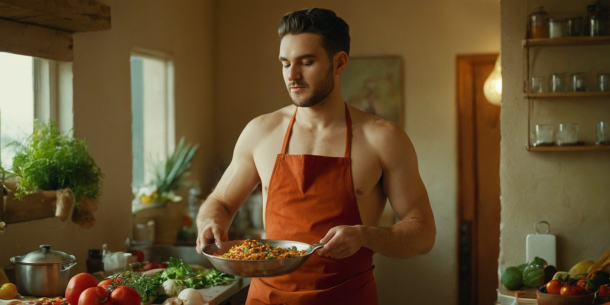 Мужчина в фартуке готовит еду на кухне, полной свежих овощей, внимательно осматривая сковороду с едой.