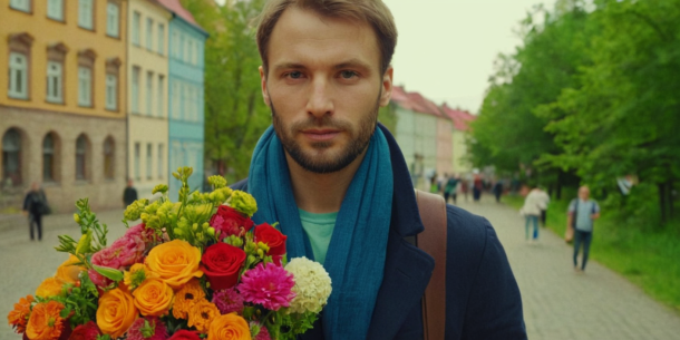 Мужчина со светлой бородой в синем шарфе идет по улице города, держа красочный букет цветов и глядя прямо в камеру.