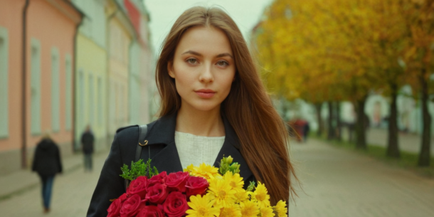 Молодая женщина идет по улице, засаженной осенними деревьями, с букетом красных и желтых цветов в руках. она носит черную куртку поверх белой блузки и выглядит безмятежной.